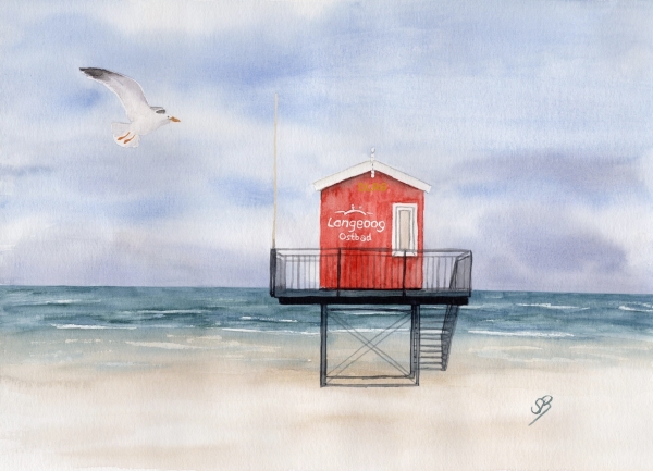 Postcard DIN-A5  Watercolor Maritime Art Print North Sea Island Langeoog red bathing tower Beach Ocean